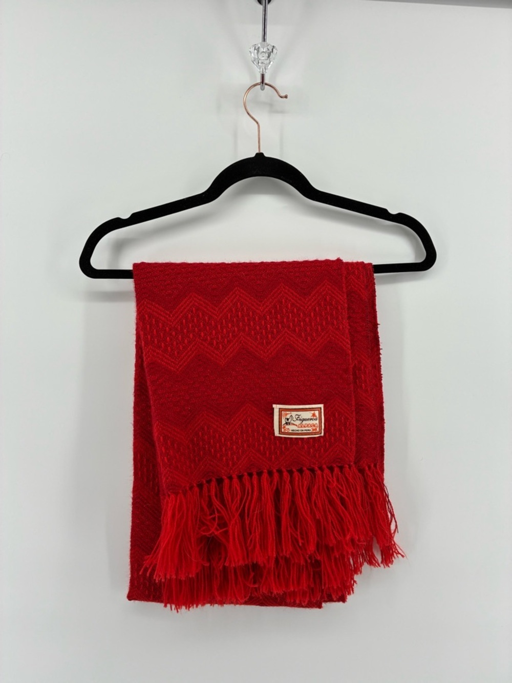 Figueroa Alpaca Bright Red Scarf w Fringe Crafted in Peru Chevron Pattern